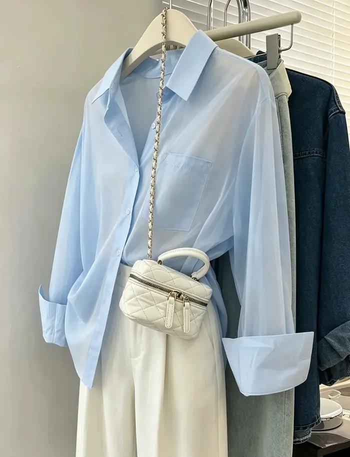 Chemise décontractée pour femmes, couleur unie, épaules tombantes, chemise à manches longues