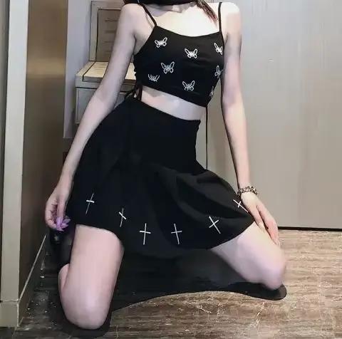 Mini jupes noires taille haute Punk plissée, Vintage, gothique, Streetwear, imprimé croisé, jupes pl