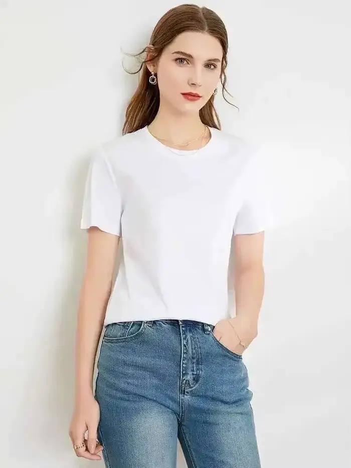 T-shirt en coton mercerisé et soie 5% pour femme, col rond, couleur unie, coupe ample, décontracté,