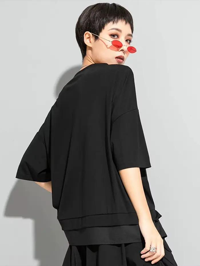 AmaxluluE 2025 été mode T-shirt femmes noir à manches courtes T-shirt dames décontracté Patchwork ha