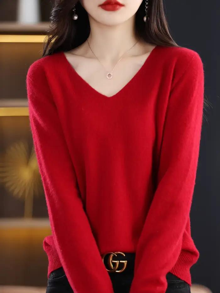 Pull pour femmes 100% laine mérinos col en V pull automne hiver basique chaud pulls à manches longue