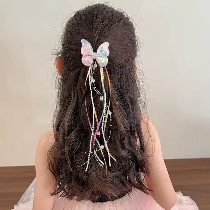 Pince à cheveux à paillettes papillon arc-en-ciel pour enfants, 2 pièces, ruban de perles, pince à c