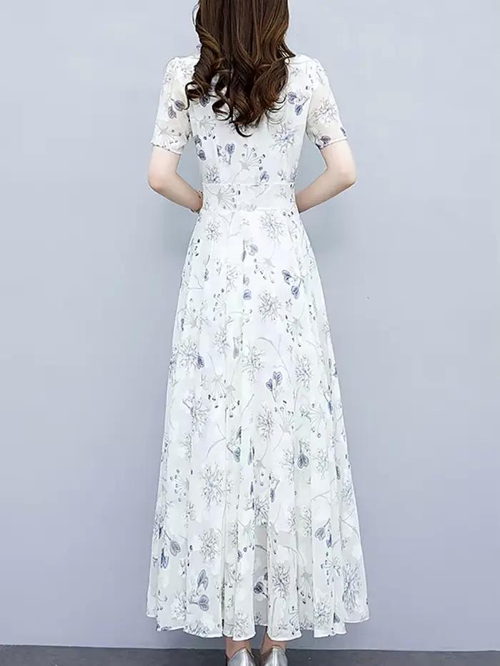 Robe longue à fleurs blanches, style boho décontracté, tenue de plage, vacances, manches courtes, él