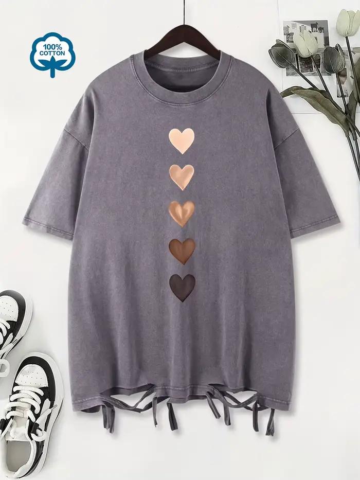100% coton lavé T-Shirts femmes surdimensionné amour coeur Graffiti imprimé T-Shirts col rond en dét