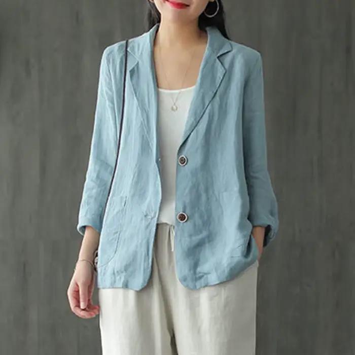 Blazer décontracté en coton et lin pour femmes, vestes fines pour dames, style vintage, solide, docu
