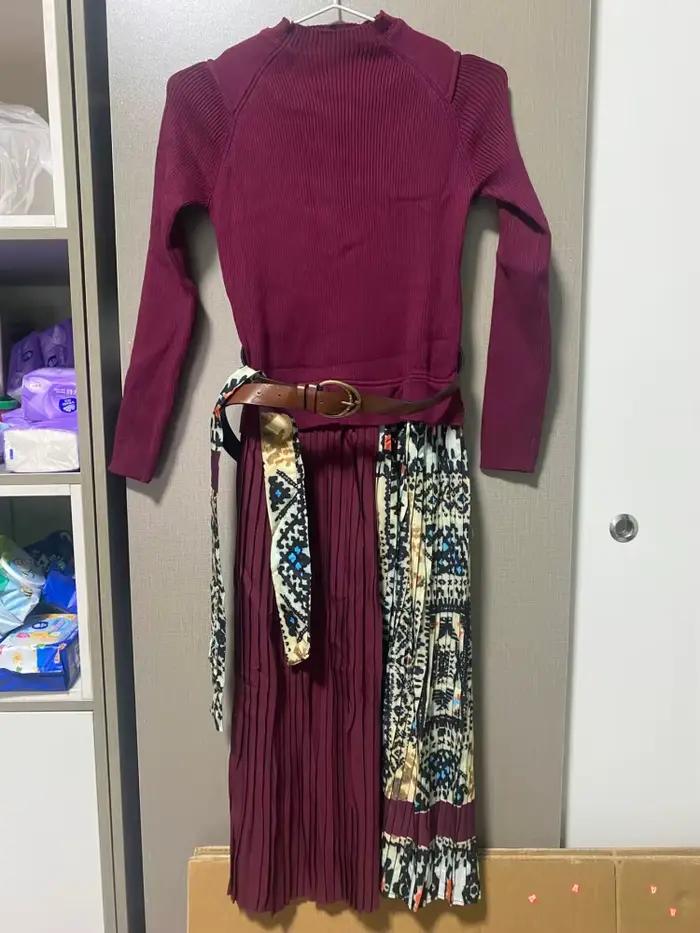 SMTHMA Nouvelle Robe Longue Femme Tendance Européenne en Maille Patchwork, Col Montant, Manches Long
