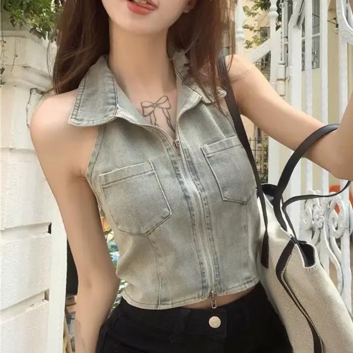 Débardeur court en denim pour femmes, streetwear mince sexy, vêtements décontractés vintage pour fil