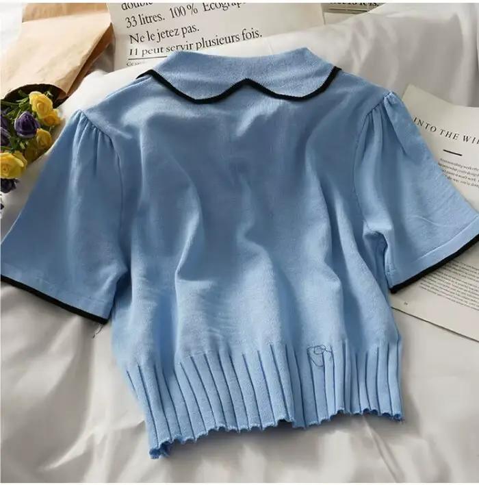 T-shirt court à manches courtes pour femme, avec col polo, patchwork, élastique, slim, été 2021