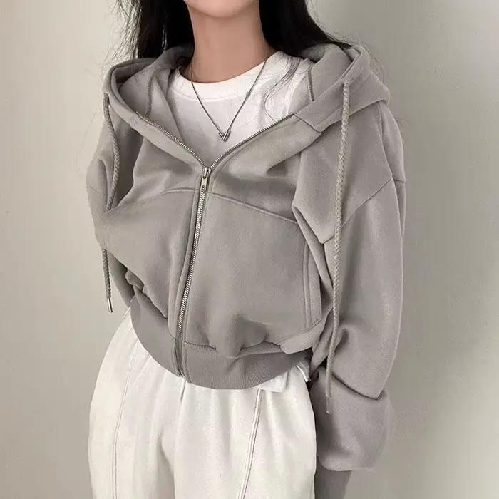 Chemise à capuche coréenne pour femmes, mode doublure polaire, sweat à capuche ample, fermeture écla