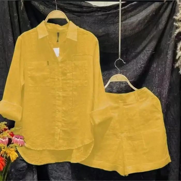 Ensemble d'été 2 pièces en coton et lin pour femmes, chemise et short blancs à manches longues, à la