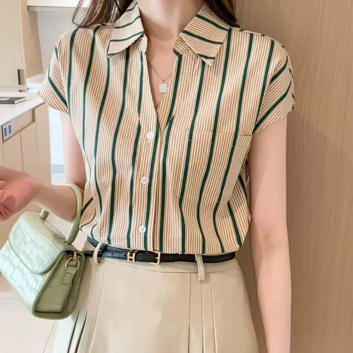 Mode rayé femmes blouses nouveau printemps été dames chemises sans manches bas dessus de chemise blu
