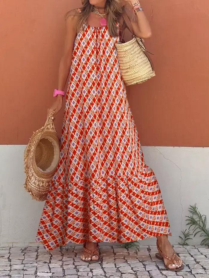 Robe longue style Boho pour femmes, sans manches, ample, imprimée, bretelles Spaghetti, robes fluide