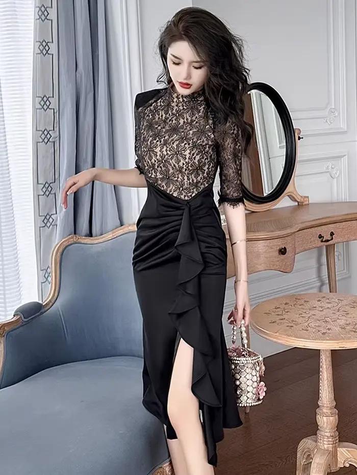 Robe mi-longue de Style rétro pour femmes, noire, dentelle transparente épissée, Satin, à volants, f