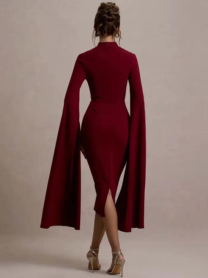 Mozision Cape à manches longues Sexy robe mi-longue pour les femmes automne hiver nouveau col carré