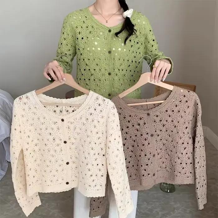 Haut en Crochet à manches longues pour femmes, veste Cardigan en tricot ajouré à boutons transparent