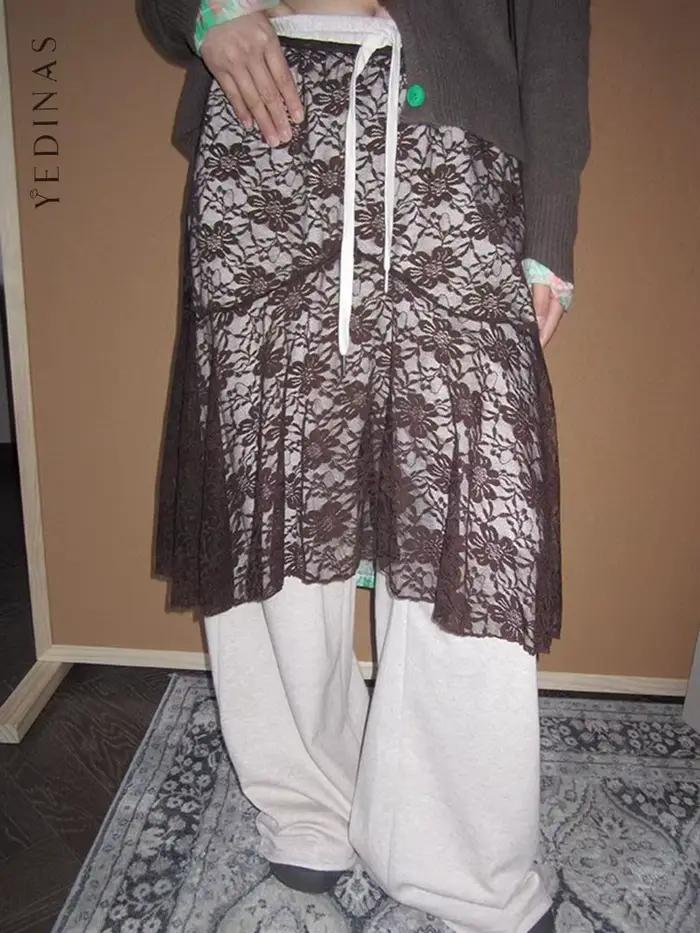 Yedinas – jupe gothique asymétrique en dentelle pour femmes, marron, bas café, Collocation toutes sa
