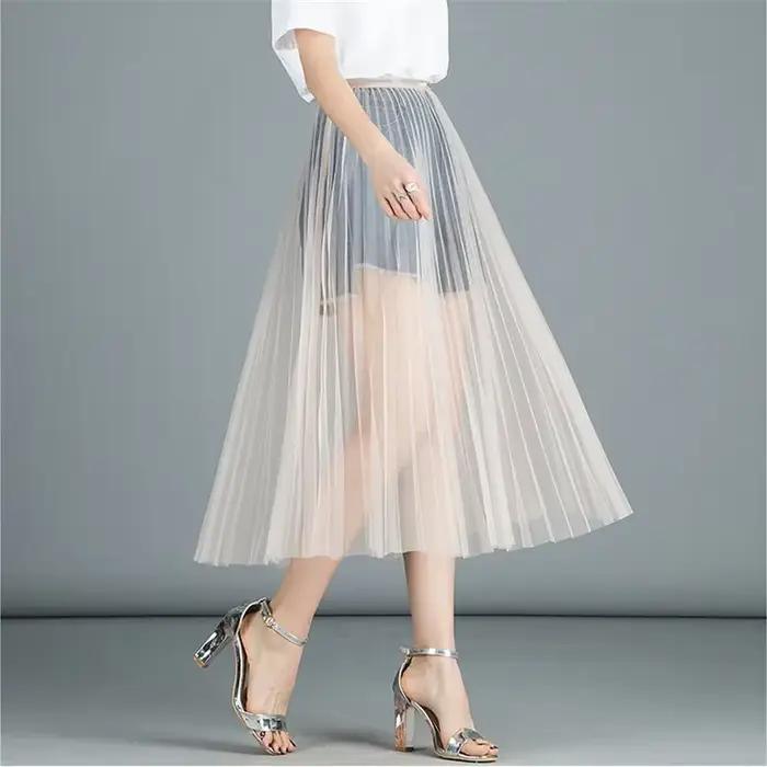 Femmes Sexy maille dentelle Transparent longue Tulle jupe mode coréenne été dames élastique taille h