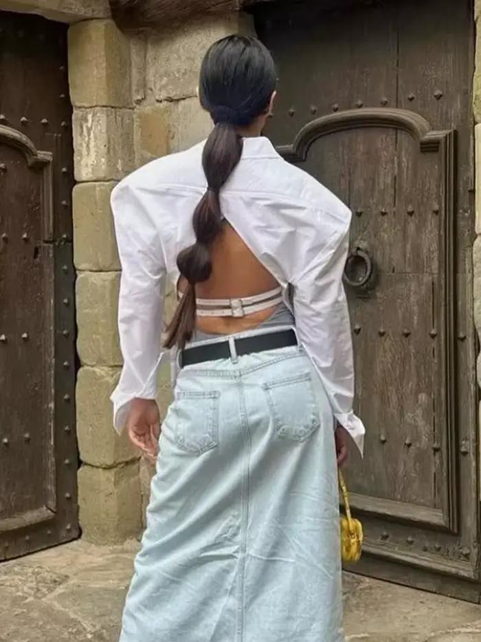 Vintage femmes élégant dos nu chemises 2023 mode dames décontracté à manches longues chemise blanche