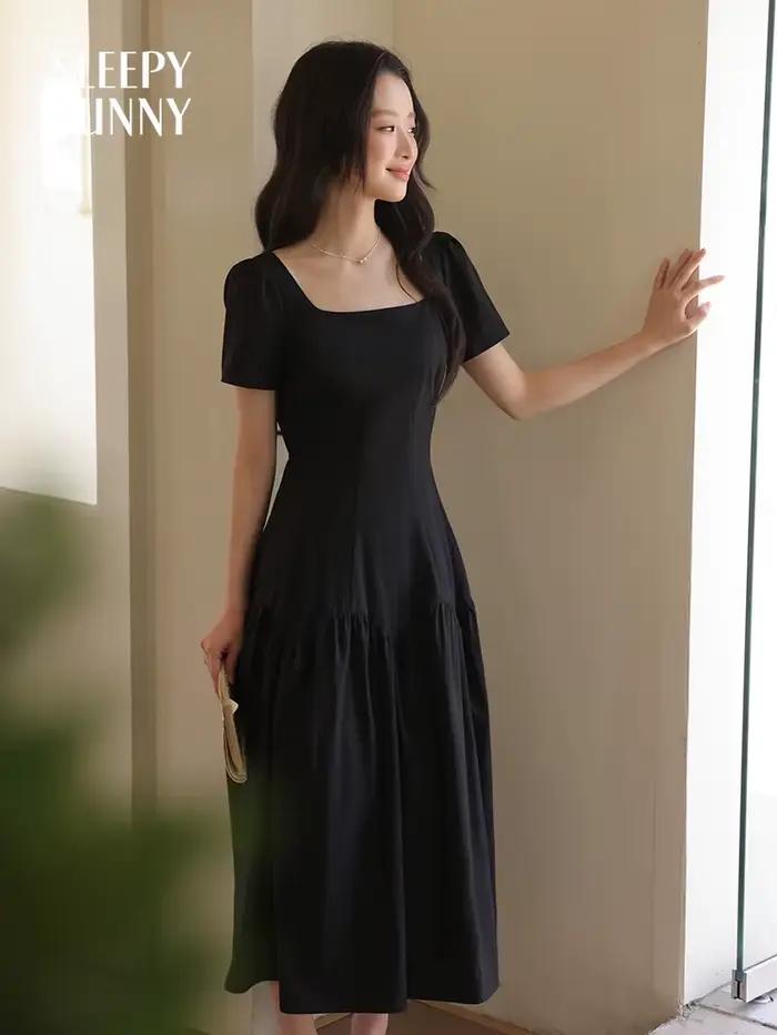 Robe longue française à manches courtes et col carré pour femmes, coupe cintrée, ligne a, Petite tai
