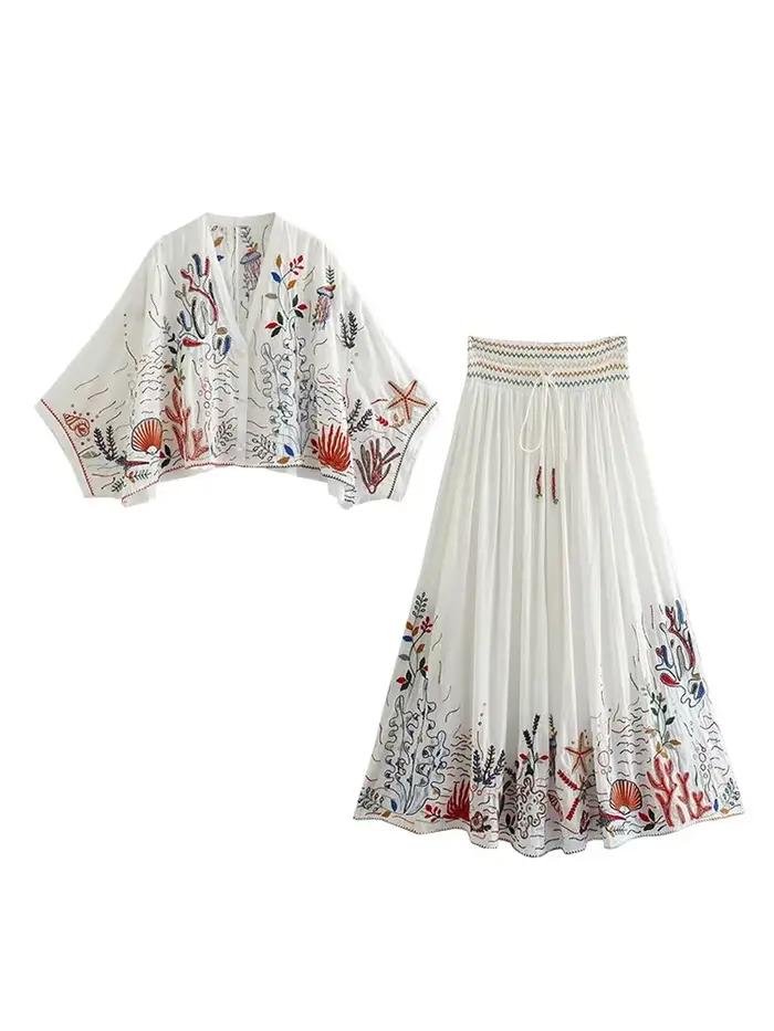 Jupe Maxi Brodée à Manches Chauve-Souris en Coton Blanc, Organisme Marin, Ensemble de Robe à Glands,