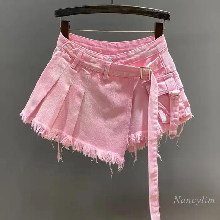 Mini jupe en jean rose irrégulière pour femme, taille haute, amincissante, faux deux pièces, vêtemen