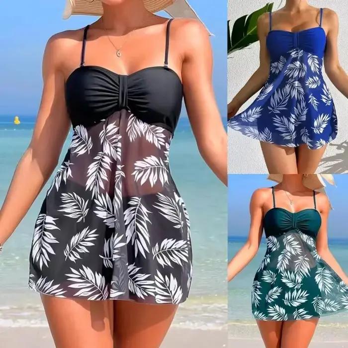 Maillot de bain fendu pour femmes, robe courte, Sexy, mode, taille haute, maille épaisse, imprimé, v