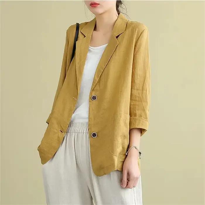 Costumes en coton et lin monochromes pour femmes, blazer fin à manches trois-quarts, veste de protec