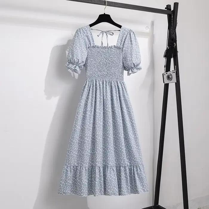 Printemps été robes en mousseline de soie mode femme taille élastique à manches courtes plissée tenu