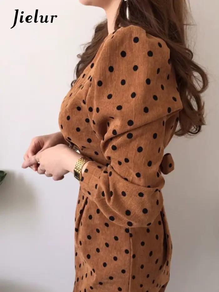 Jielur-Robe en velours côtelé vintage élégante à pois pour femmes, robes mi-longues coréennes à manc