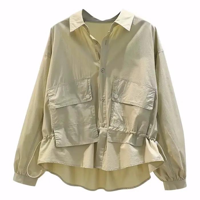 Chemise 50% Coton à Manches sulfpour Femme, Chemisier à Poches, Double Haut, Nouvelle Collection Pri