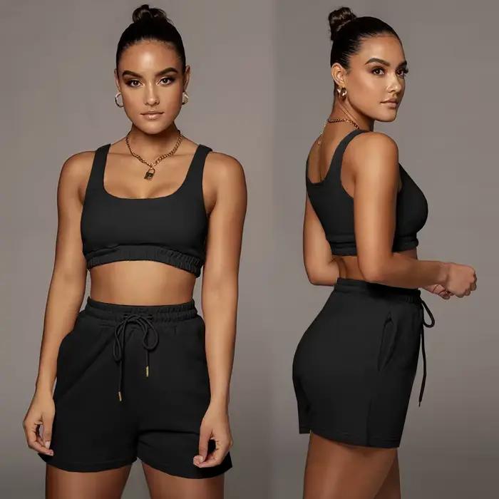 Ensemble haut court et short à cordon de serrage, débardeur de Fitness Sexy à col en U, short de mot