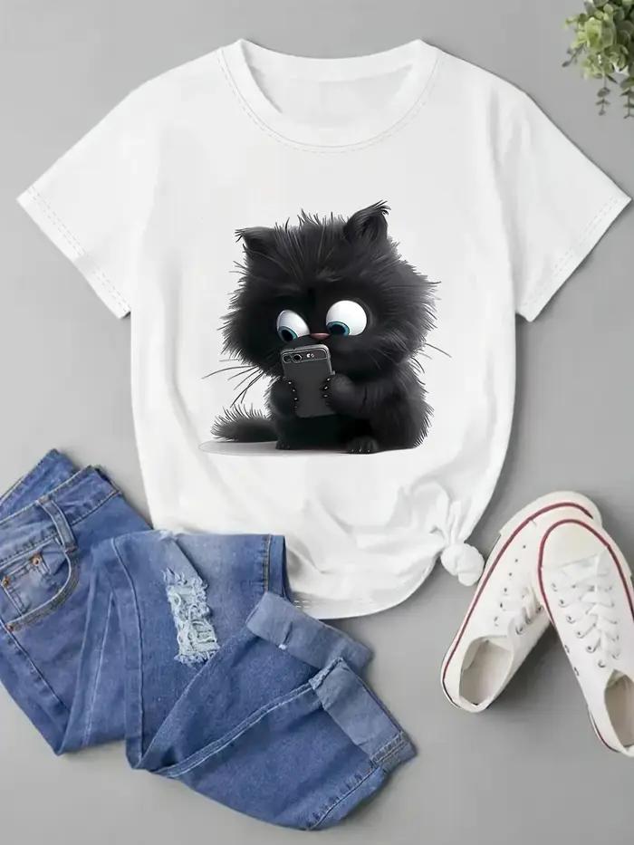 Fantaisie dessin animé chat imprimé T-Shirt col rond manches courtes T-Shirt décontracté pour les am