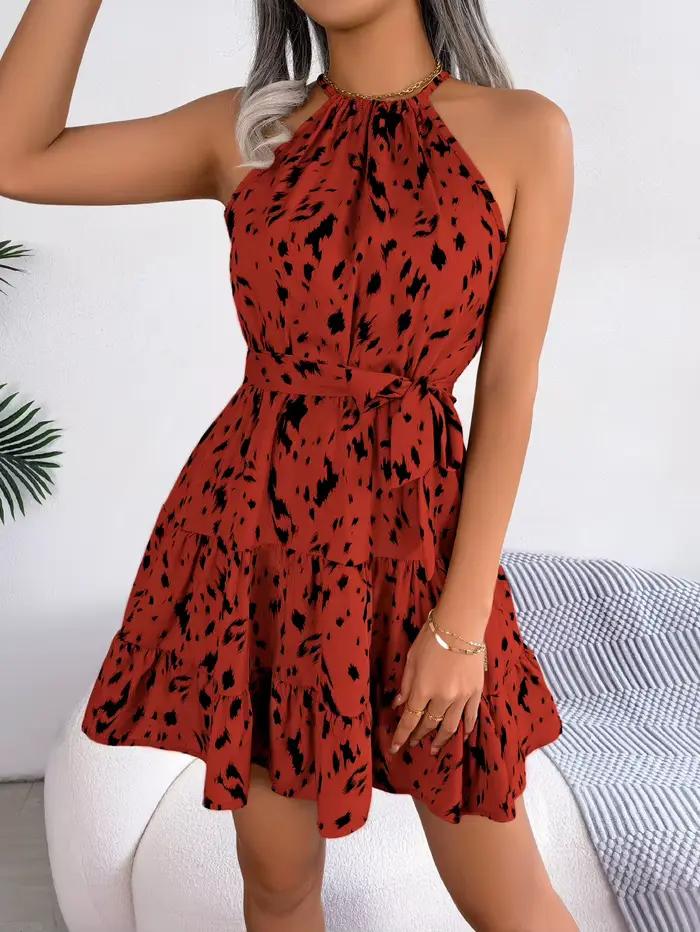 Mini robe à volants imprimé léopard pour femme, col licou sexy, mode printemps et été
