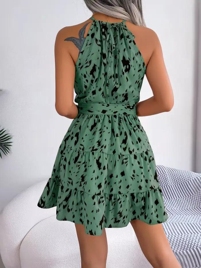 Mini robe à volants imprimé léopard pour femme, col licou sexy, mode printemps et été