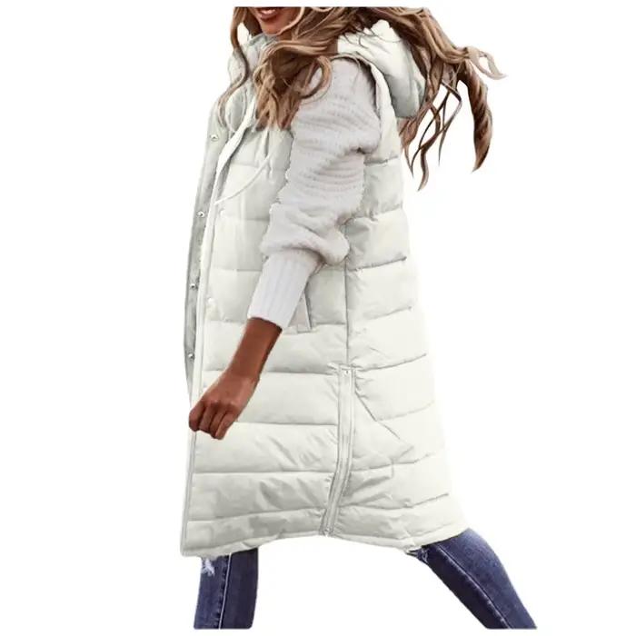 Femmes manteau Long gilet avec capuche automne hiver sans manches chaud coton vers le bas manteau gi