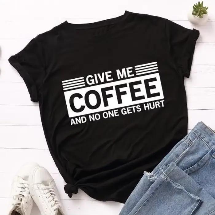 T-shirt manches courtes col rond pour femme, estival et estival, avec lettres imprimées "Give Me Cof