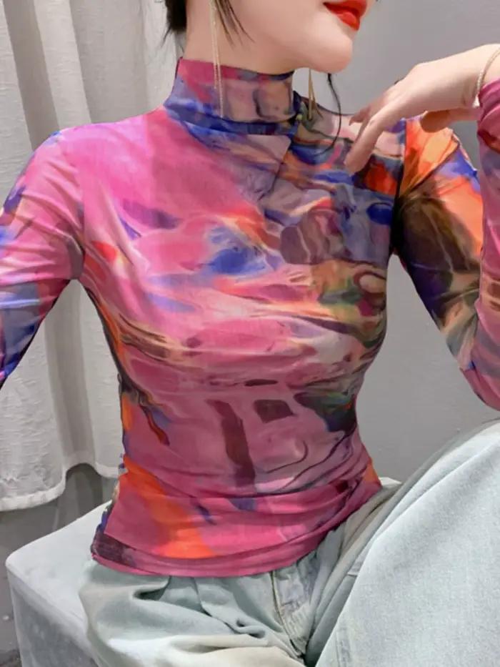 T-shirt en maille à col roulé à manches longues pour femmes, haut slim femme, taille S-4XL