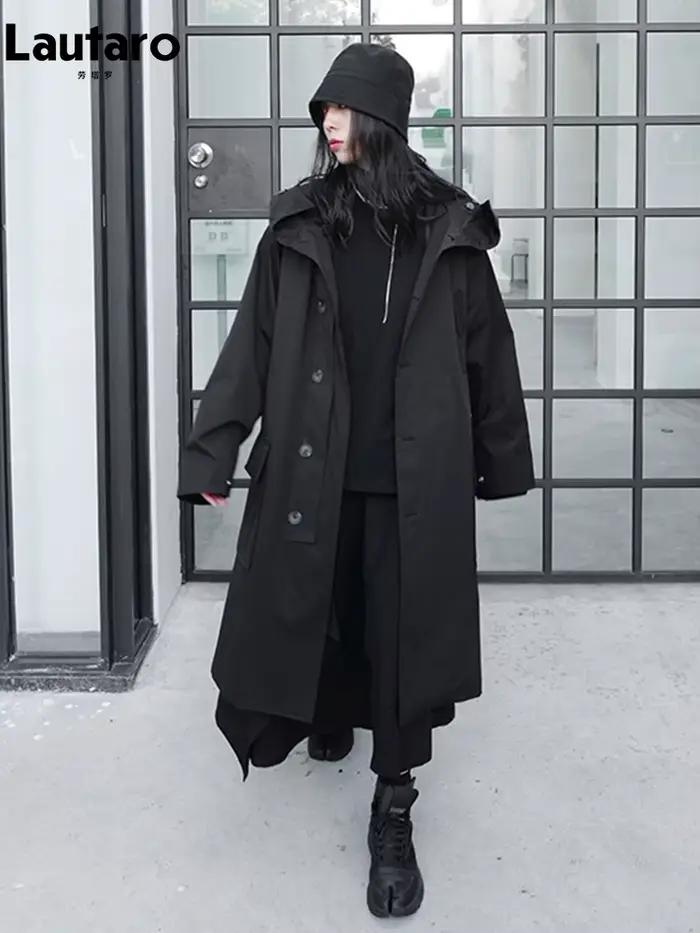 Lautaro-Manteau Long Respirant Noir avec Capuche pour Femme, Vêtements de Créateur de Luxe, Dark Aca