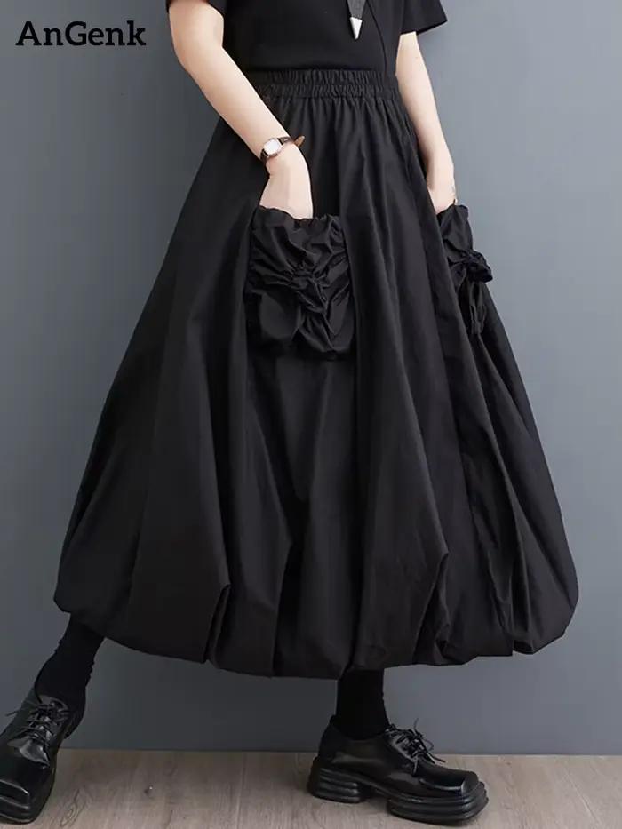 Jupe plissée noire vintage pour femmes, jupe longue bicouche, vêtements décontractés, taille haute,