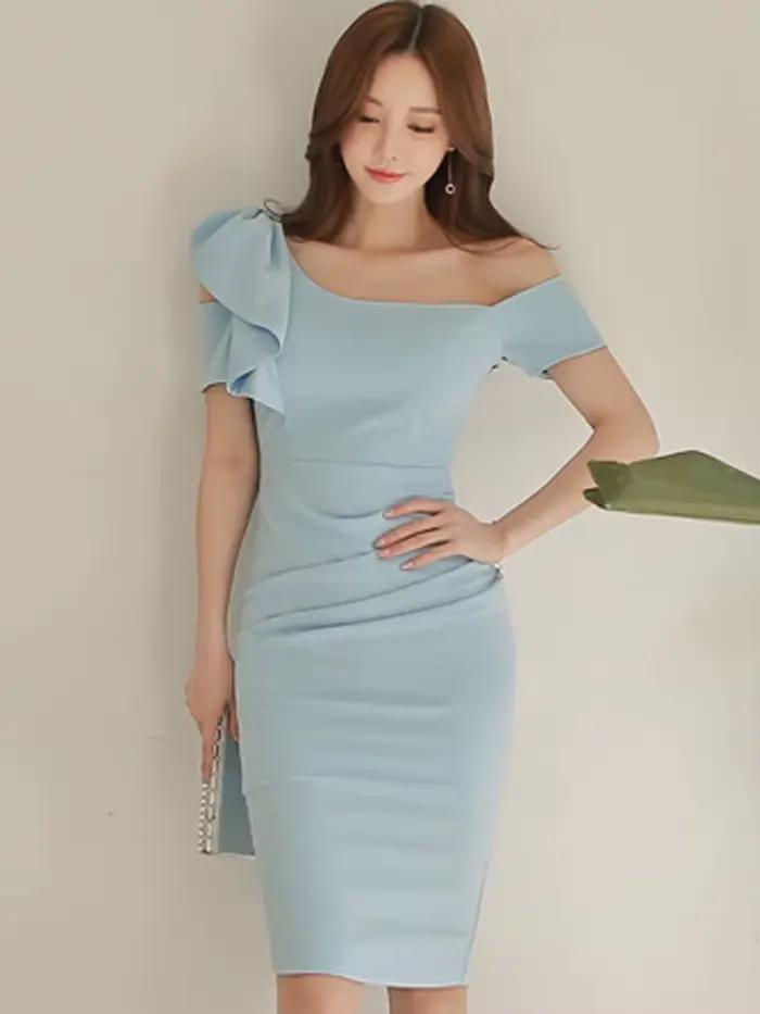 Robe de soirée élégante bleu ciel pour femmes, style coréen, sans bretelles, dos nu, sexy, col alert