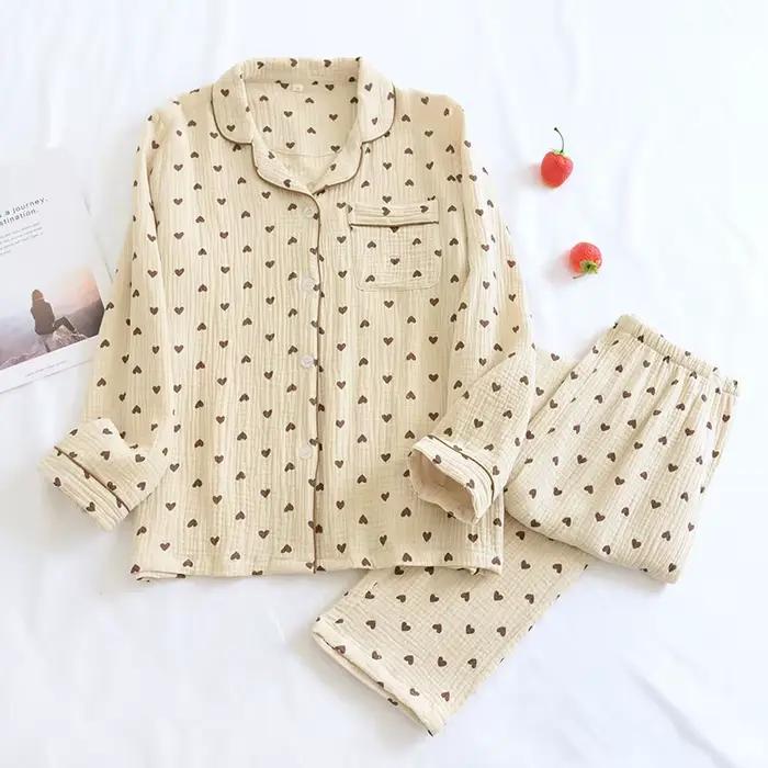 Femmes Pyjamas 2 pièces ensemble 100% coton gaze à manches longues pantalon mignon ours imprimé Pyja