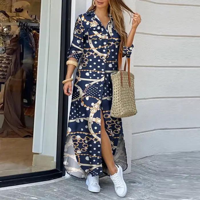 Robe chemise imprimée à col rabattu pour femmes, robes maxi élégantes, robe d'été à manches longues,