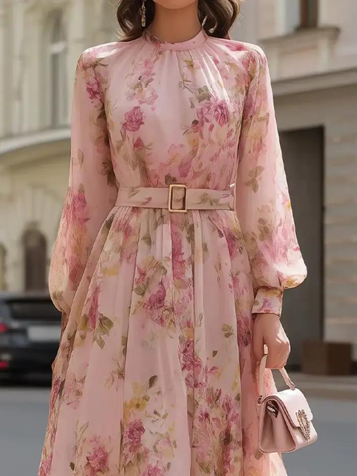 Robe longue chic à imprimé patchwork pour femme, manches bouffantes, col rond, idéale pour les fêtes