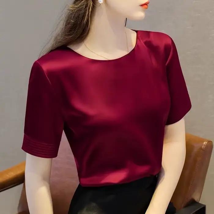 Acétate Satin t-shirts pour femmes de haute qualité dames décontracté élégant soie satin blouse été