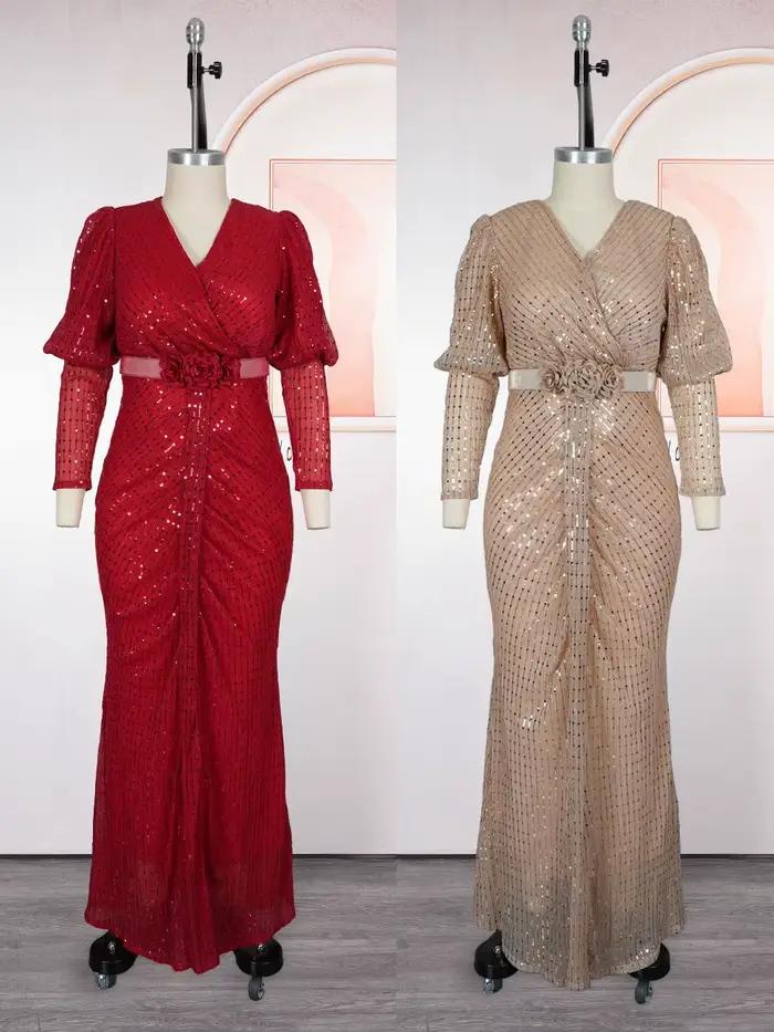 Robes longues élégantes à manches longues pour femmes, robes de soirée de luxe à sequins, robes de m