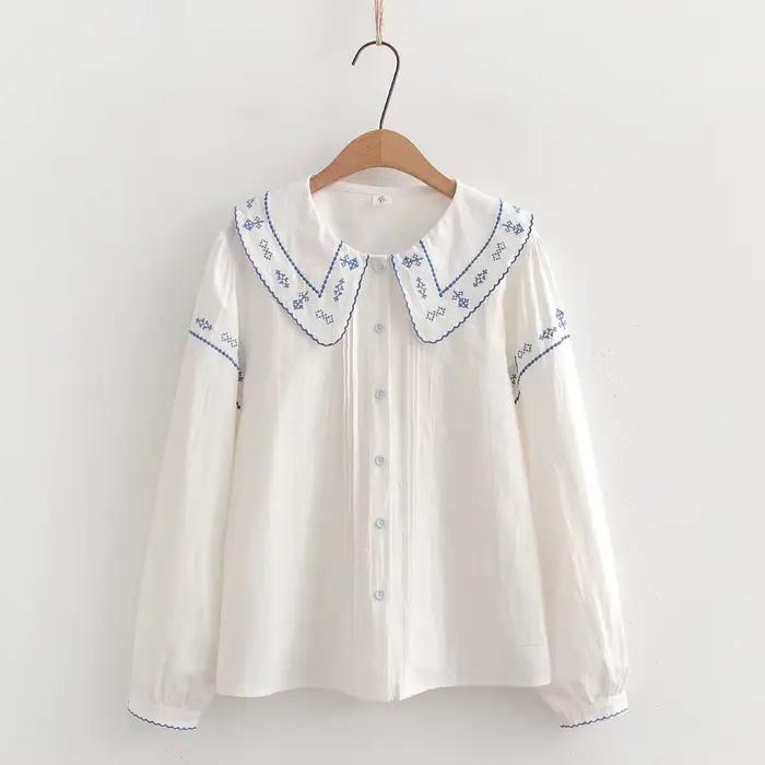 Chemises brodées de fleurs en coton pour femmes, hauts à col à revers, manches longues, chemisiers a