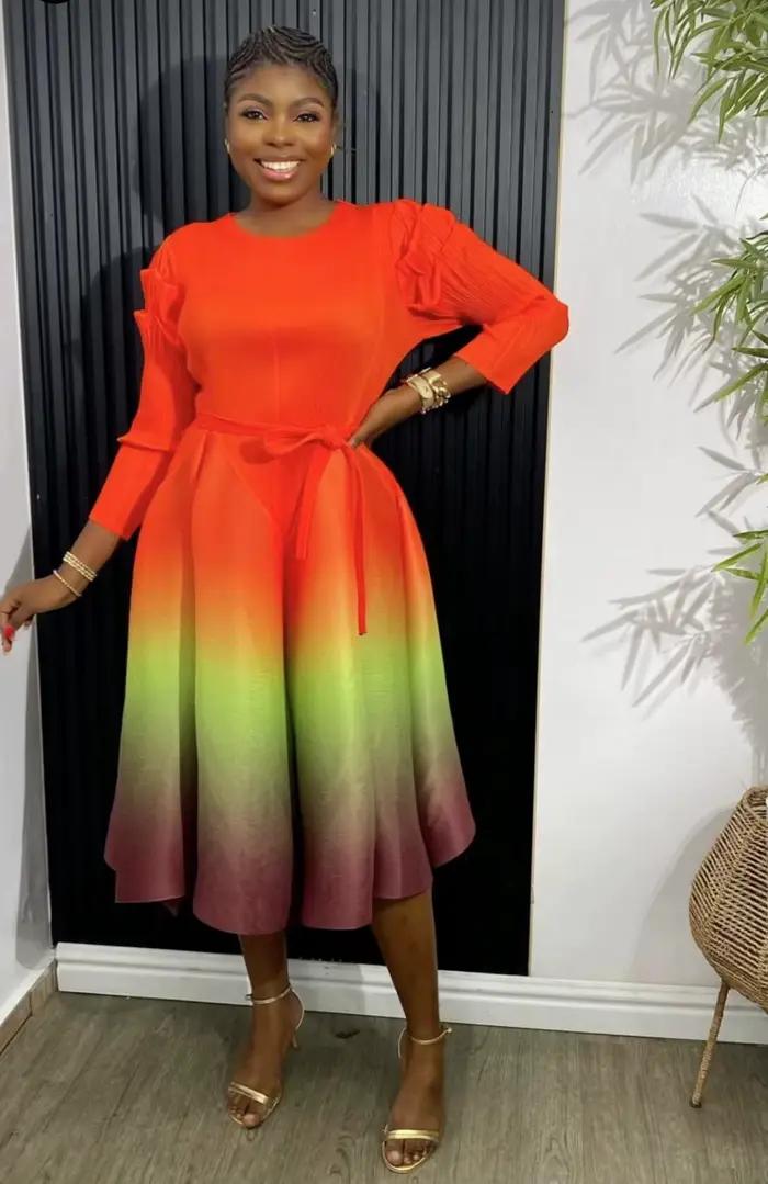 Robe trois maisons plissée pour femme, col rond, manches longues, ourlet conique, moelleux, ata yake
