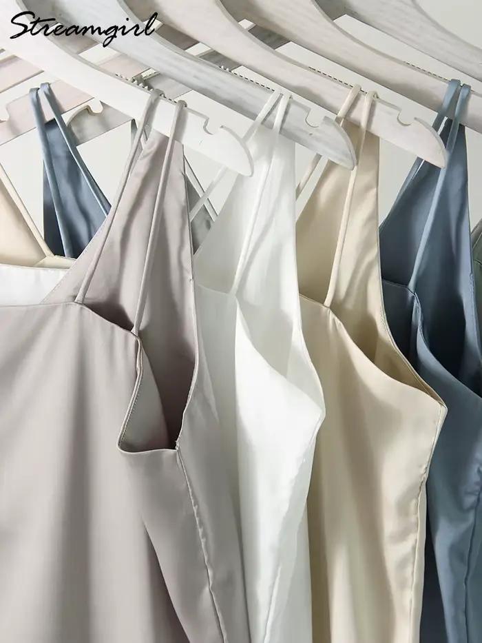 Streamgirl-Camisole en satin pour femmes, avec bretelles, blanc, élégant, sexy, débardeur, été