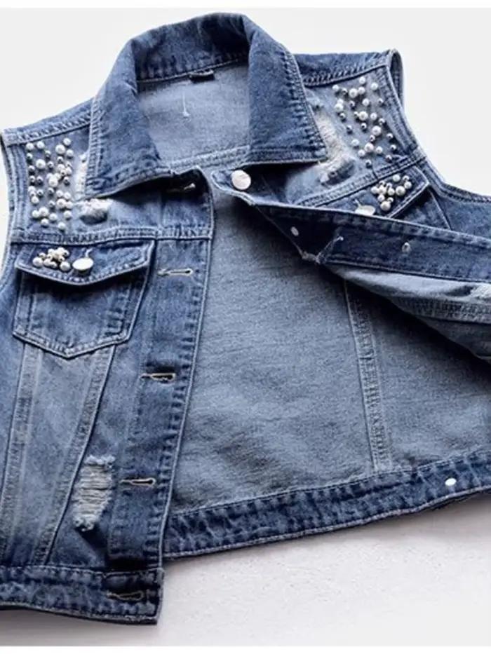 JMPRS Denim femmes gilet de luxe perles mode déchiré automne jean veste sans manches ample court man
