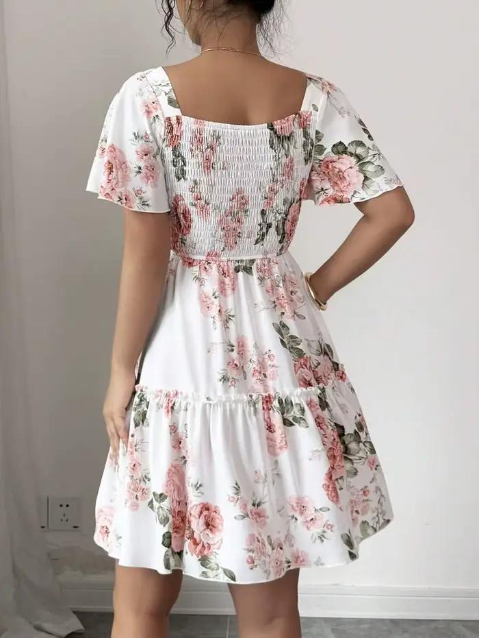Robe décontractée à manches courtes pour femmes, imprimé floral, avec ceinture et ourlet à volants,